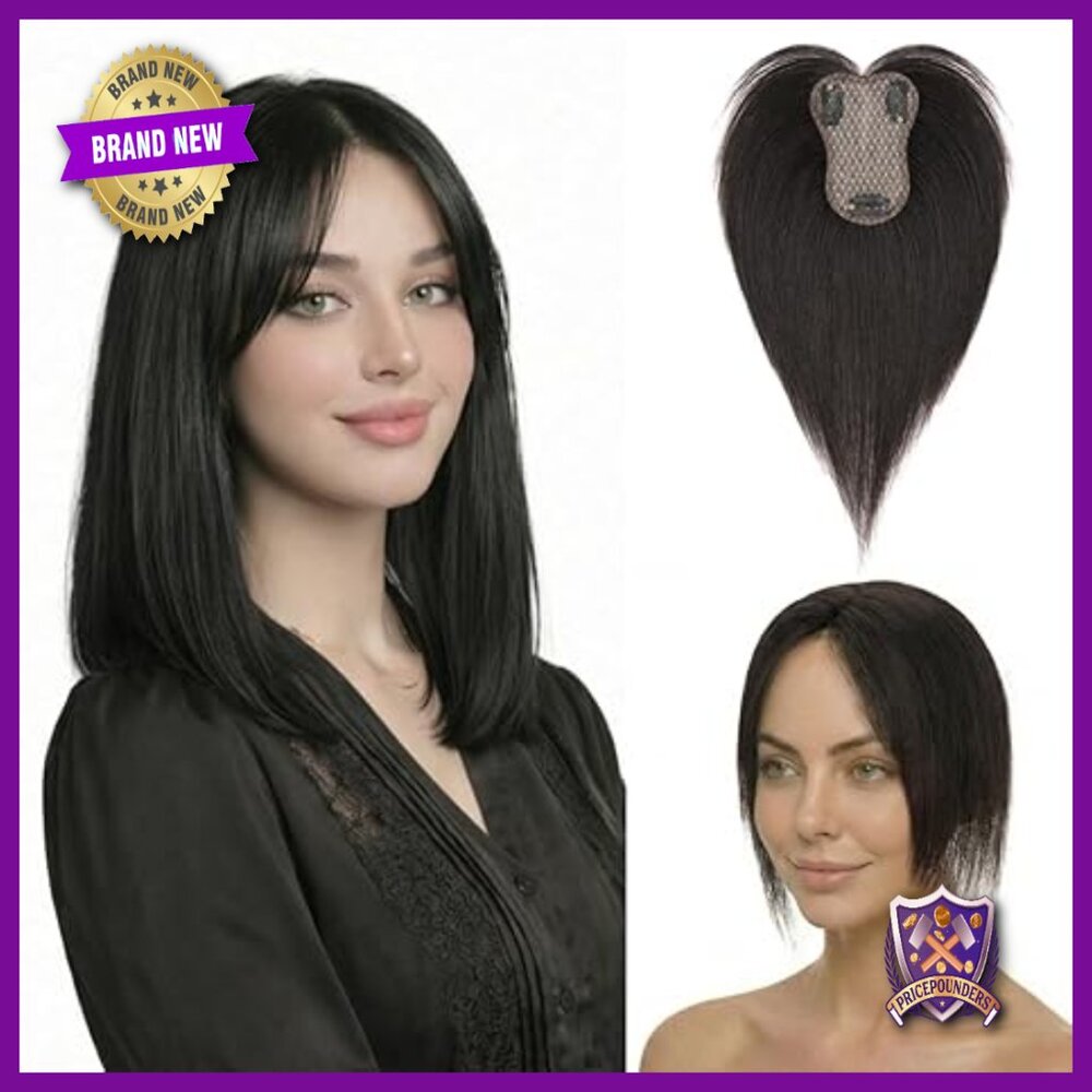 Human Hair Topper with Side Bangs 10 Inch Lightweight Lace Base Clip In